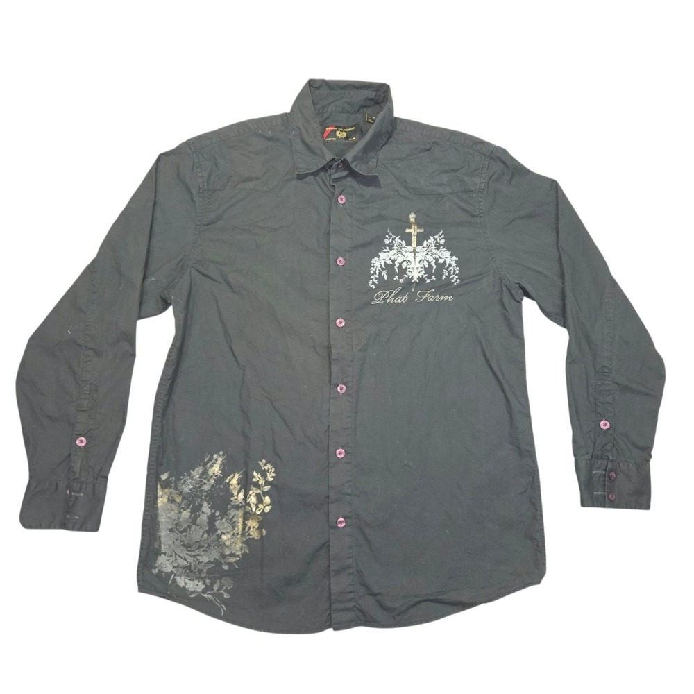 Vintage Phat Classics Phat Farm Button Up Shirt Mens XL Black Y2K Wings Sword